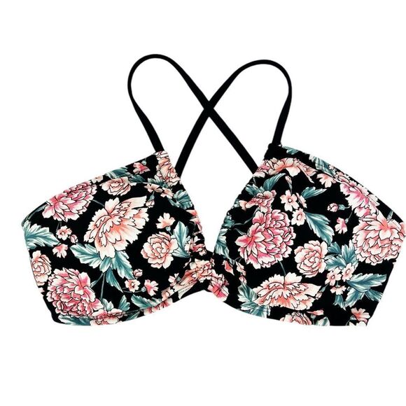 Xhilaration Black Pink Carnation Flower Bandeau Racerback Bikini Top Size Medium - Picture 1 of 4